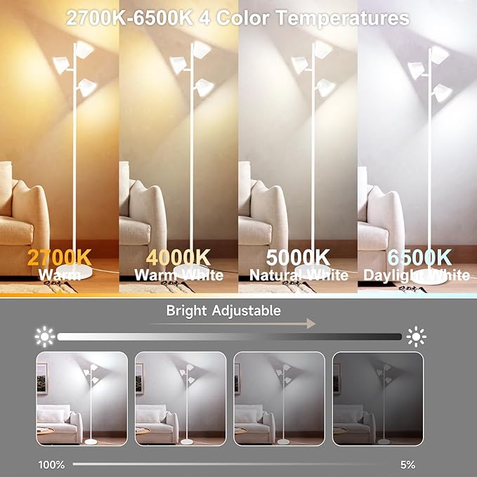 Pesken White 42W Tree Floor Lamp, Super Bright LED Standing Lamp with Remote, Modern Dimmable Floor Lamps,Individual Control, Rotable Head LED Lamp for Living Room Bedroom Office