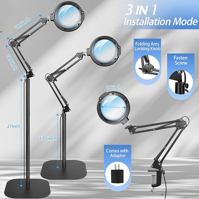 12X Floor Magnifying Glass with Light and Stand, 5.2" Large Floor Lamp Magnifier with 5 Color Modes 10 Dimmable Brightness, Hands Free Lighted Magnifying Glass with Clamp for Close Work Sewing (Black)