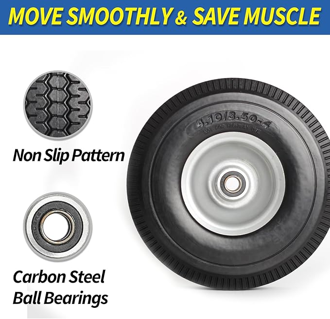 4.10/3.50-4" Flat Free Tire and Wheel, 10" Solid Tire with 5/8" Axle Bore Hole, 2.2" Offset Hub for Hand Truck Garden Wagon Cart Trolley Dolly Lawn Mover Replacement