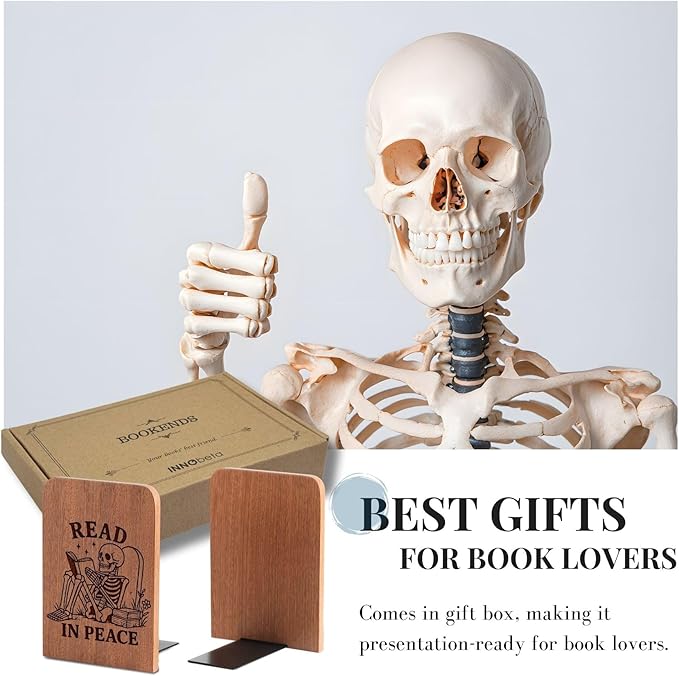 Book Lover Gifts for Women Men, Skull Bookends, Novelty Bookends Unique, Heavy Duty Wooden Book Ends for Shelves Decorative(1 Pair, 4.72x6.69 Inches) - RIP