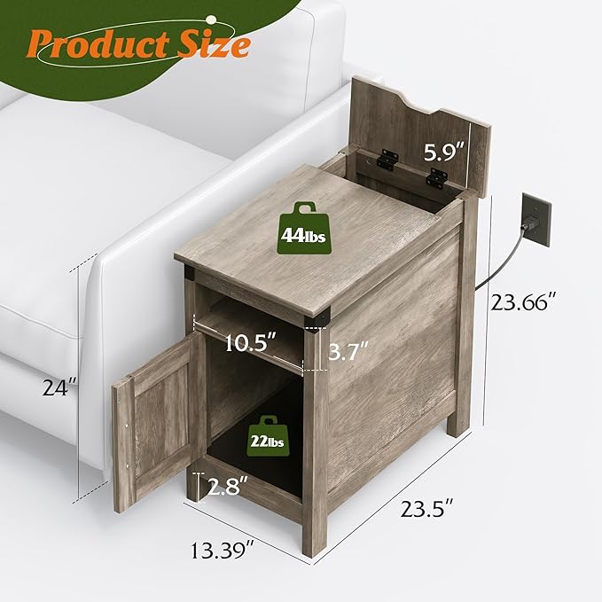 WLIVE End Table with Charging Station, Narrow Side Table for Living Room, Farmhouse Night Stand with Storage, Small Wooden Nightstand with USB Ports and Outlets for Living Room and Bedroom, Greige