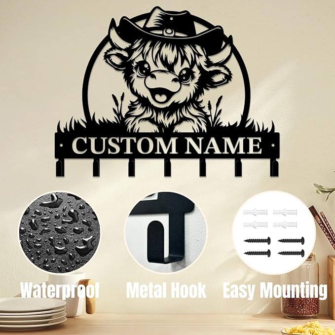 magilab Personalized Custom Highland Cow Wall Hooks,Metal Highland Cow Art Clothes Hooks,Metal Highland Cow Wall Home Storage Decorative,for Front Door, Hallway, Kitchen, Bedroom,Keys,Hats (Style B)