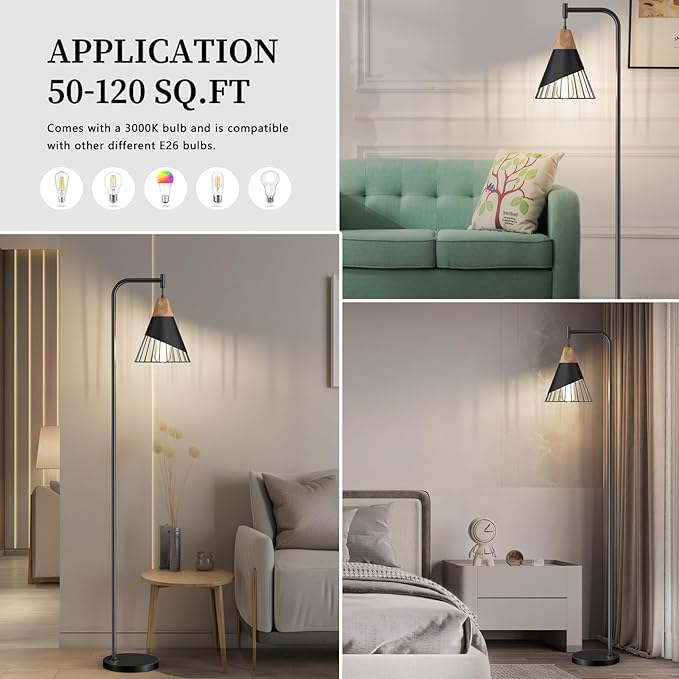 Alrryo 67" Industrial Floor Lamp with Wood & Black Metal Shade, Modern Standing Lamp, Rustic Farmhouse Tall Lamp for Living Room Bedroom Office, 2700K Bulb & Foot Switch Included (Black)