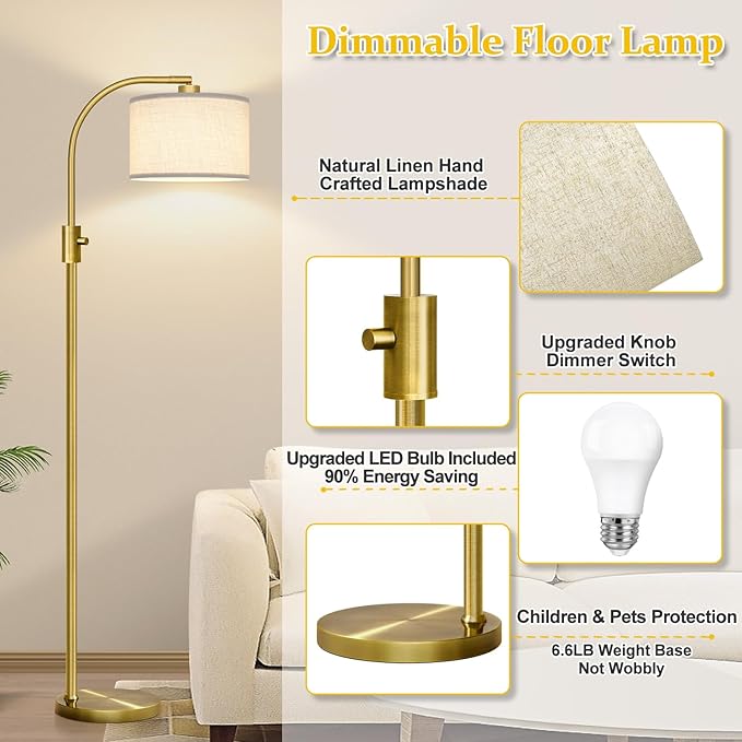 【Upgraded】 Dimmable Brass Floor Lamp, 1200 Lumens LED Bulb Included, Arc Floor Lamps for Living Room Modern Standing Lamp with Linen Shade, Tall Lamp for Living Room Bedroom Office Reading Room