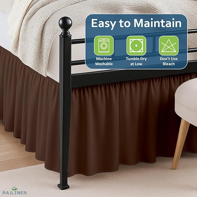 Rajlinen Ruffled Bed Skirt Full, 14 Inch Drop Dust Ruffle with Split Corners, 100% Microfiber Bedskirt with Platform, Three-Sided Coverage Ruffled Gathering Design, Chocolate