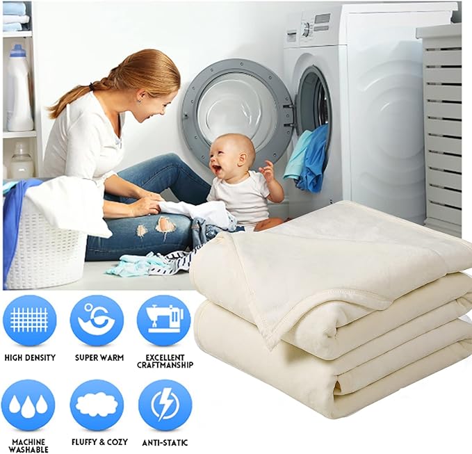 EASELAND Soft Queen Size Blanket Winter Warm Fuzzy Microplush Lightweight Thermal Fleece Blankets for Couch Bed Sofa,90x90 Inches,Ivory
