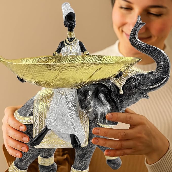 African Woman Riding Elephant Statue with Decorative Bowl – Resin Figurine, Tribal Cultural Sculpture, African Home Decor Gift