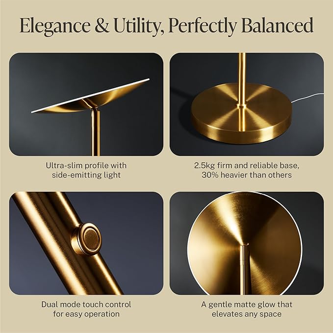Slothology Skylight LED Floor Lamp, 3200LM, 71" Modern Torchiere in Golden Brass, Stepless Dimming, Remote & Touch Control, Bright Light for Living Room or Bedroom, Weighted Base