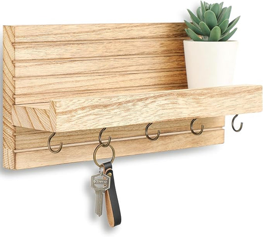Decorative Key Holder for Wall with Shelf, Entryway Shelf with Hooks Holds Leashes, Jackets and Glasses – Sturdy Wood Keyholder Entrance Hanger with Mounting Hardware (Wood, Medium)