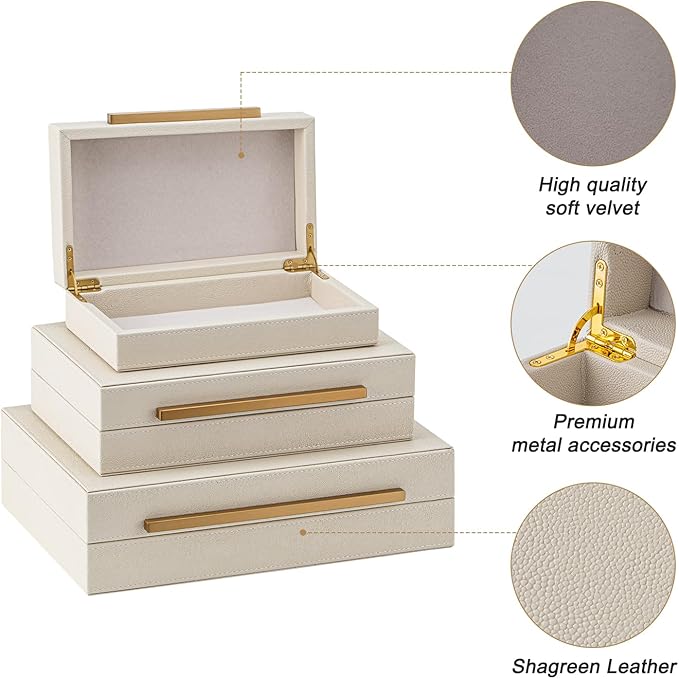 Faux Leather Large Modern Stackable Nesting Jewelry Box with Lids Organizer – Set of 3 Beige Shagreen Decorative Storage Boxes with Gold Metal Handles