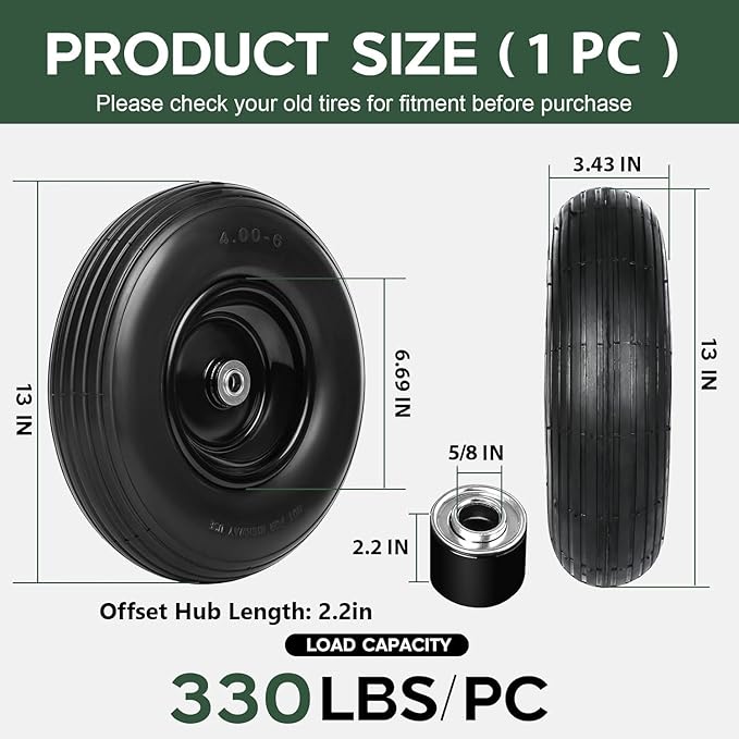 Taifa 13 Inch 1 PC Solid Flat Free Replacement Tires and Wheels 4.00-6 with 5/8'' Bearing and 2.2'' Offset Hub Lenght, Air Less Wheel for Wagon/Hand Truck/Trolley/Garden Scooter etc.