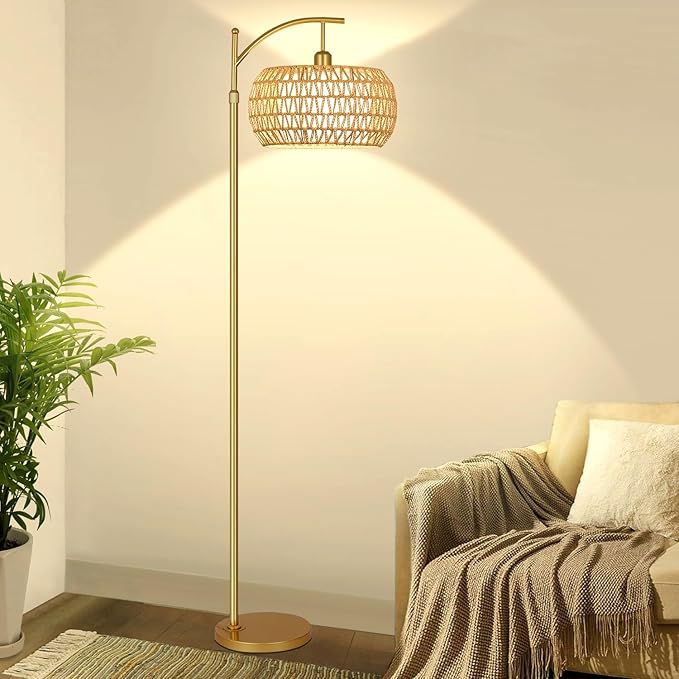 Gold Floor Lamp for Living Room with 3 Color Temperatures,Arc Boho Floor Lamps with Remote Control, Rattan Standing Lamp with Wicker Lamp Shades Dimmable Tall Floor Lamp For Bedroom Living Room Corner