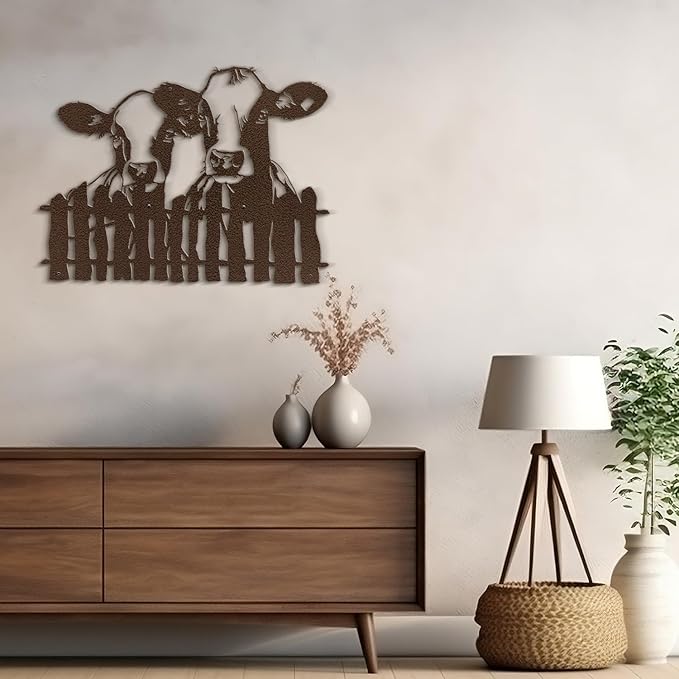 SIGNLEADER Metal Wall Art Decor Two Cows at the Fence Minimalist Modern Abstract Wall Sculpture Hangings Home Decoration for Living Room, Bedroom, Bathroom, Kitchen, Outdoor - 18" Bronze