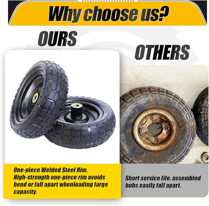 MZREXN 2-Pack 10" Flat Free Solid Tires 4.10/3.50-4 Tire and Wheel, with 5/8" Axle Bore Hole, 2.2"-2.4" Offset Hub, for Hand Truck, Garden Cart,Trolleys, Yard Trailers, Utility Cart, Black
