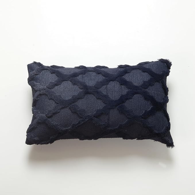 EMMTEEY Boho Pillow Covers 12X20 - Fluffy Stripe Single-Sided Embroidery with Soft Faux Fur, Boho Décor Pillow Case for Couch, Sofa Bedroom, Navy Blue