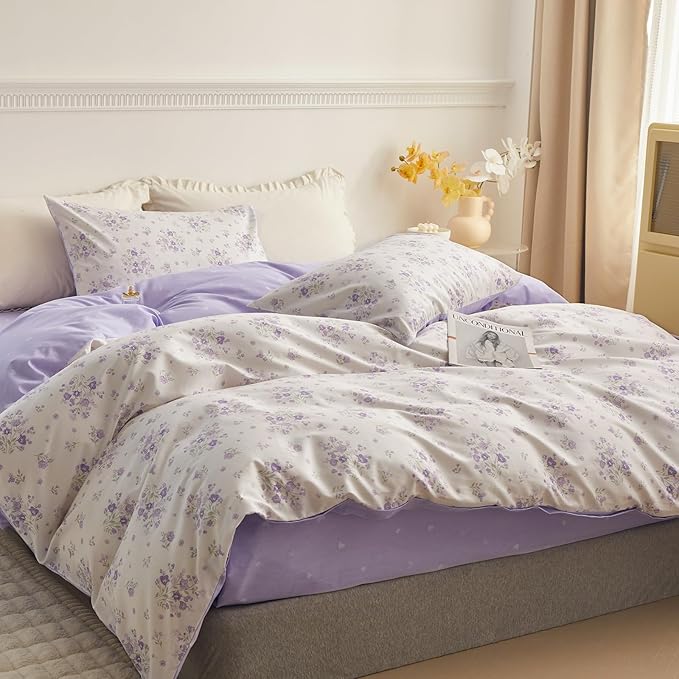 Purple Floral Duvet Cover King Garden Style Purple Flower Comforter Cover 100% Cotton Floral Bedding Set 1 Duvet Cover with 2 Pillowcases Vintage Botanical Aesthetic Comforter Cover with Zipper Ties