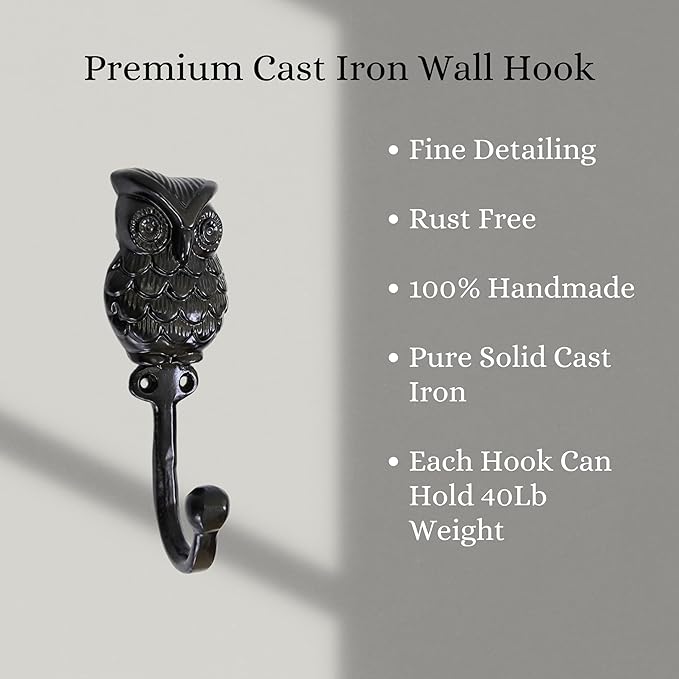 Set of 3 Cast Iron OWL Shape Coat Hooks Wall Art Decor-OWL Shape Hangers and Key Holder-Clothes Rack and Backpack Hanger-Coat Hooks Home Decor for Storage,Living Room