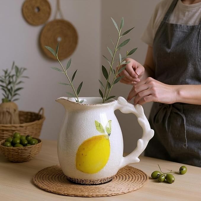 DIF Deco Vintage Lemon Ceramic Vase, Ice Glazed Crack Farmhouse Pitcher Vase for Shelf, Centerpiece Table,Room,Bathroom,Bedroom,Living Room,Office Decorations(6.4 inch)