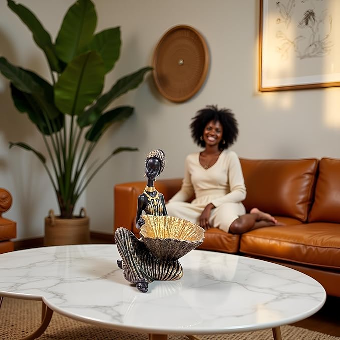 African Woman Sitting Statue with Small Decorative Bowl – Resin Figurine, Black and Gold African Sculpture, Jewelry Holder Dish, African Home Decor Gift