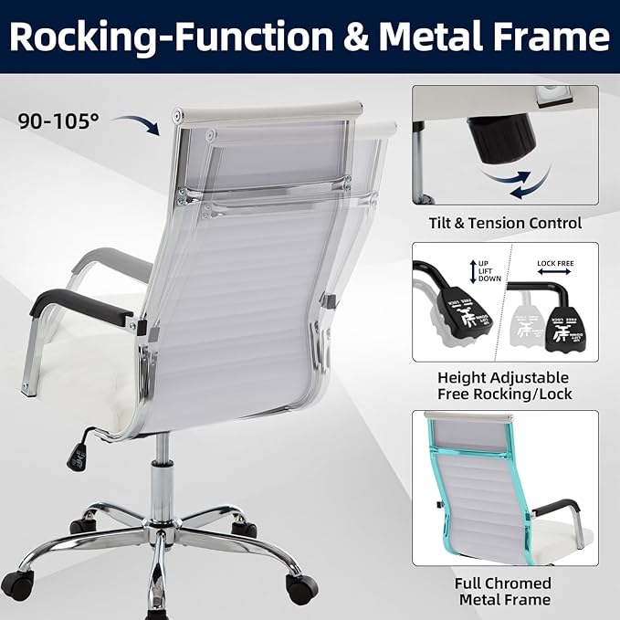 Haranuo Office Chair, Ergonomic Executive Conference Room Chairs, Ribbed Leather Desk Chair with Lumbar Support, Adjustable Height Mid-Back Swivel Chair (Square Tube Armrests, White)