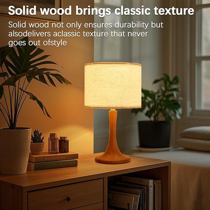 2 Pack Bedside Table Lamp for Bedroom, Nordic Plug in Fabric Shade & Solid Wood Base Desk Lamp, Plug & Play Red Wood Color Nightstand Lamp for Living Room, Office, Switch Power Cord【Bulb Not Included】