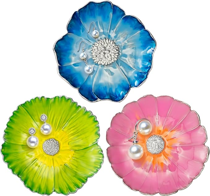 LARAINE Jewelry Dish Display Trinket Tray Flower Home Decorative Organizer Gift Necklace Earring Rings Holder Storage 3.15" (3 Piece Set)