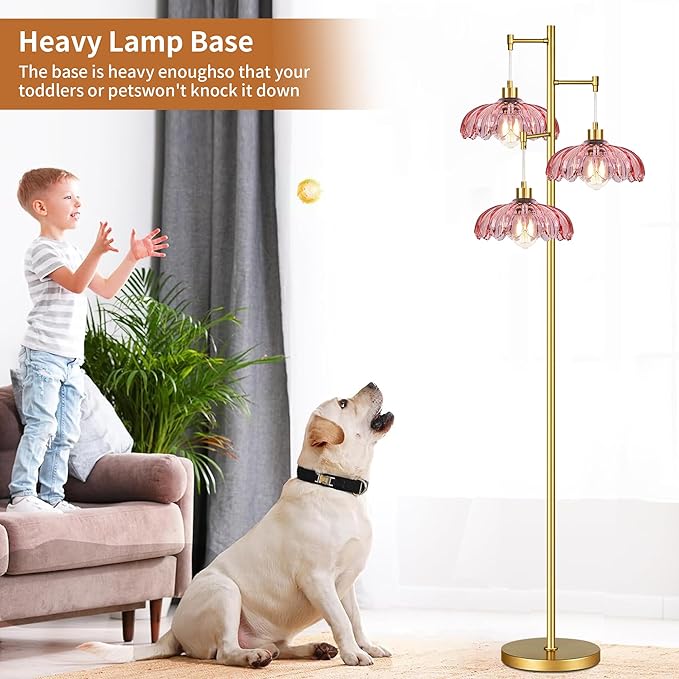 ZECOXOL Vintage Floor Lamps for Living Room Bedroom-3 Light Glass Floor Lamp with Three Led Bulb, Modern Mid Century Standing Lamp Brass Tall Lamp Gold Tree Floor Lamp for Bedroom Corner