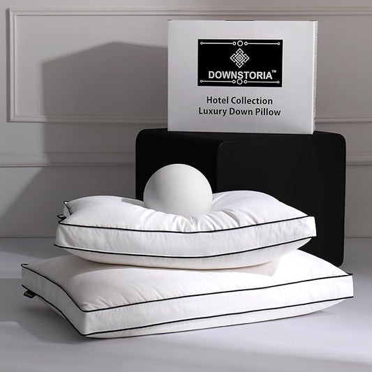 DOWNSTORIA Feather Down Pillows Queen Size Set of 2 with Gusset, Luxury Hotel Collection Bed Pillow 2 Pack, Down Surrounded Gusseted Pillows for Sleeping, Soft for Side, Back Sleepers 20x30 in.