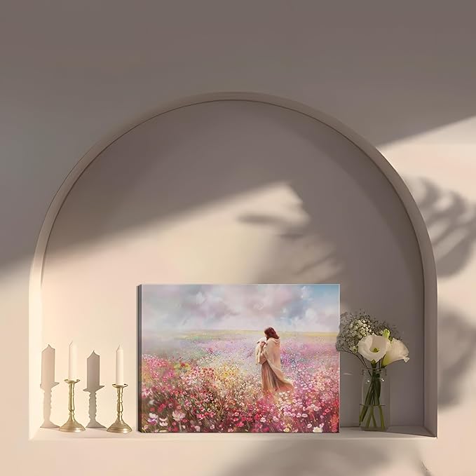 Jesus Embraces Lamb Canvas Wall Art, Pink The Lost Lamb Christian Wall Decor Paintings, Jesus Leaves the 99 Sheep Bible Stories Posters Prints for Church Living Room Bedroom 16x24 Inch Framed