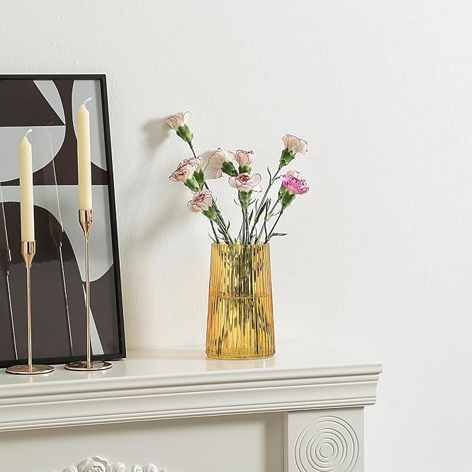 Amber Glass Vase for Flower, Flower Vase for Bouquet, Modern Glass Vases, Ribbed Vases for Living Room, Bedroom, Dining Table, Office, Wedding, Centerpieces, 8 Inches