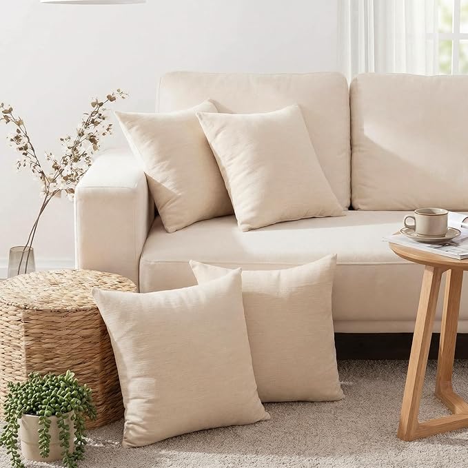 Set of 4 Khaki Throw Pillow Covers 18x18 Inch, Neutral Boho Farmhouse Aesthetic Decorative Pillow Cases for Couch, Sofa, Living Room & Bed, Soft Chenille Pillow Cases, Stylish Home Decor, 45x45 cm