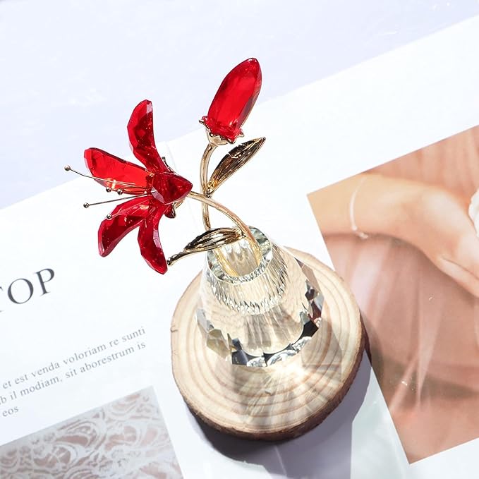 Red Crystal Pink Lily Flower Figurine with Stems - Handmade Collectible Statue for Decoration Mothers Day Centerpiece Valentines Day Bridal Shower Gift