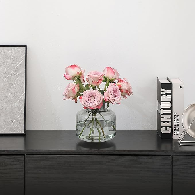 Short Glass Vase, Black Glass Vase, Short Flower Vase, Round Glass Vase, Small Vase for Flowers, 6 Inch Modern Vases for Living Room, Dining Table, Wedding, Bookshelf, Office Decor