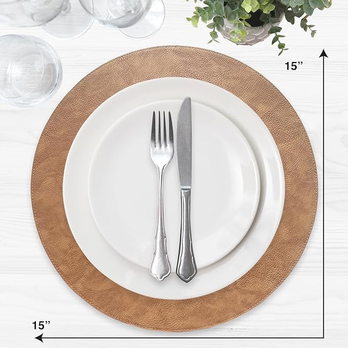 Morgan Faux Leather Round Set of 12 Placemats, 15", Camel, Heat Resistant, Stain Resistant, Non-Slip, Reversible, Durable Table Mats for Kitchen, Dining Table, Indoor Washable Use
