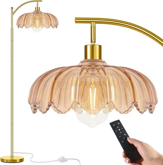 gernehop Gold Floor Lamp for Living Room with Remote,Unique Vintage Standing Tall Lamp,Mid Century Modern Floor Lamps Arc Glass Floor Lamps for Office Corner