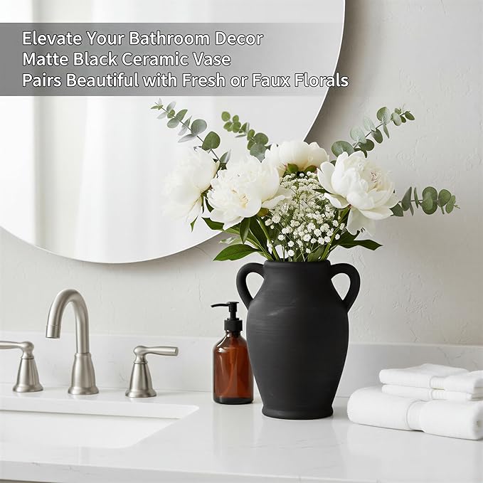 8.1-Inch Ceramic Flower Vase with Handles – Small Black Rustic Farmhouse & Boho Pottery Vase for Table, Shelf, Living Room Decor