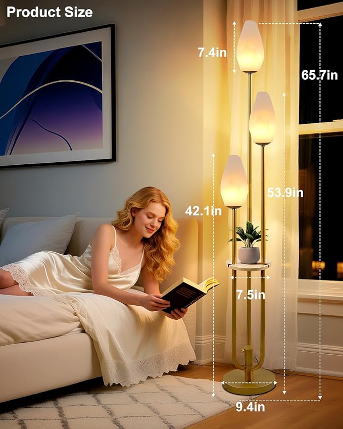 Lightdot Floor Lamp with Tray, 3-Lights Dimmable Floor Lamps with Rock-Shaped Shade, Unique Candle Holder Style Gold Modern Tall Lamp for Living Room/Party(Bulbs Included)