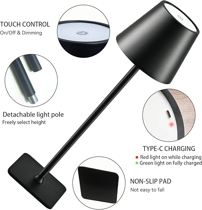 2-Pack Rechargeable Cordless Table Lamps, Battery-Operated Wireless Minimalist Table Lamp, 3 Colors Stepless Dimming LED Adjustable Height Table Lamp for Dining/Bedside/Camping (2, Black)