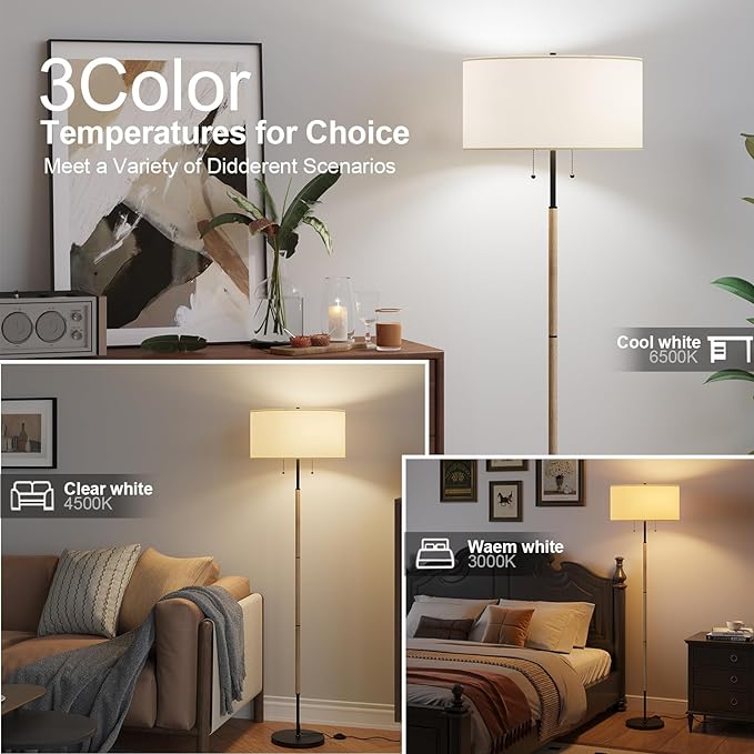 Karjoefar 2-Light Floor Lamp, Mid Century Floor Lamp with White Fabric Shade, Standing Lamp Tall Lamp for Living Room Bedroom, 3 Color Temperatures 9W Bulb Include