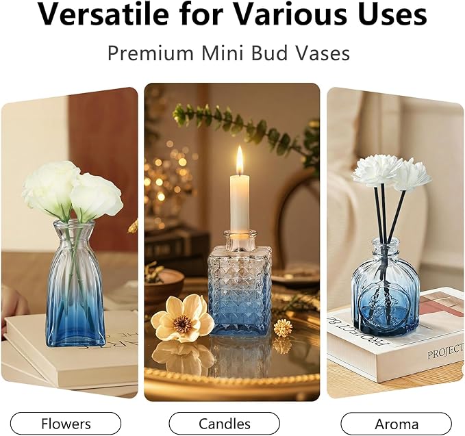 RUCKACE Bud Vases in Bulk 22 Blue Glass Small Vases Flower Vase Bulk for Centerpiece Table Wedding Decorations Home Decor Party(Gradient Blue 22 Pack)