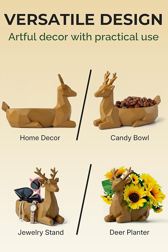 Low-Poly Deer Bowl, Resin Reindeer Statue, Deer Candy Dish & Key Holder, Deer Desk Decor for Living Room, Entryway, Dining Table, Office, Shelves