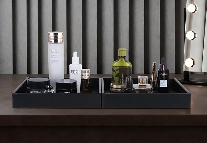 HofferRuffer Faux Leather Vanity Tray, Elegant Desktop Storage Organizer, Decorative Catchall for Perfume, Bathroom Valet, Nightstand or Dresser, 10 x 10 x 1.8 inches (Black)