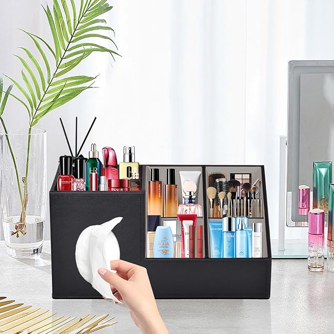 Plus Size Tissue Box Cover-Square Tissue Cover with Side Storage and Tray,Modern Makeup Organizer,PU Leather Tissue Holder Decorative Cube Organizer for Living Room Vanity NightStand Office,Black