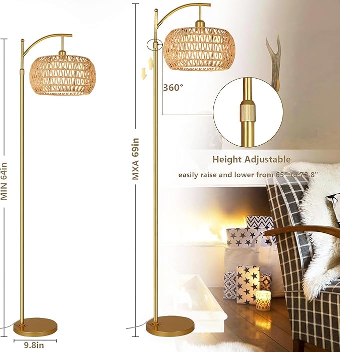 Gold Floor Lamp for Living Room with 3 Color Temperatures,Arc Boho Floor Lamps with Remote Control, Rattan Standing Lamp with Wicker Lamp Shades Dimmable Tall Floor Lamp For Bedroom Living Room Corner