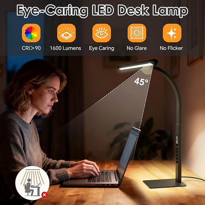 LED Desk Lamp for Office Home: Table Light with Base Pomodoro Timer, Clock LCD Display 5 Color Dimming Bright Lighting Desktop, Adjustable Flexible Gooseneck, Task Lamp for Reading Study Work Drafting