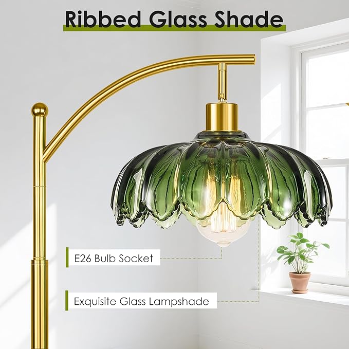 gernehop Gold Floor Lamp for Living Room with Remote Control,Unique Vintage Standing Tall Lamp,Mid Century Modern Floor Lamps Arc Green Glass Floor Lamps for Office Corner