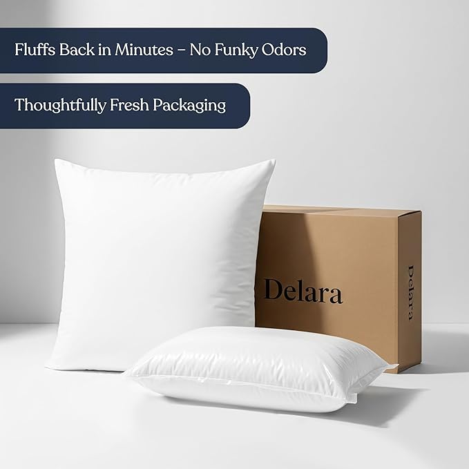 Delara Throw Pillow Inserts 24x24 Set of 2 - Organic Cotton Shell, 7D Recycled Down Alternative Fill, Decorative Lumbar Pillow Insert for Couch, Bed & Sofa - 1150 GSM, Fluffy & Supportive