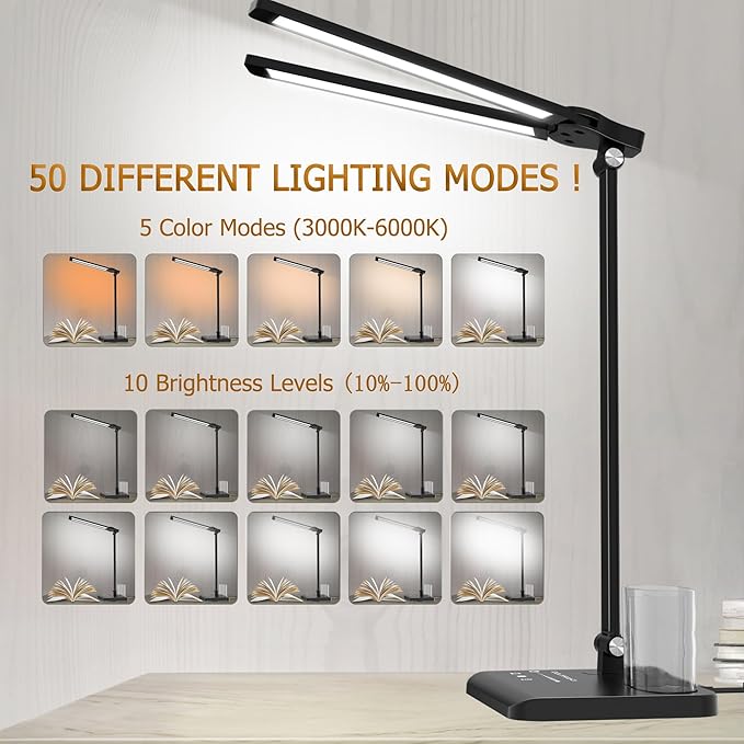 Dimmable LED Desk Lamp with USB Charging Port Bright, 50 Lighting Modes Dual Swing Arm Architect Table Lamp Light Desk Lamp for Home Office Dorm Piano Nail