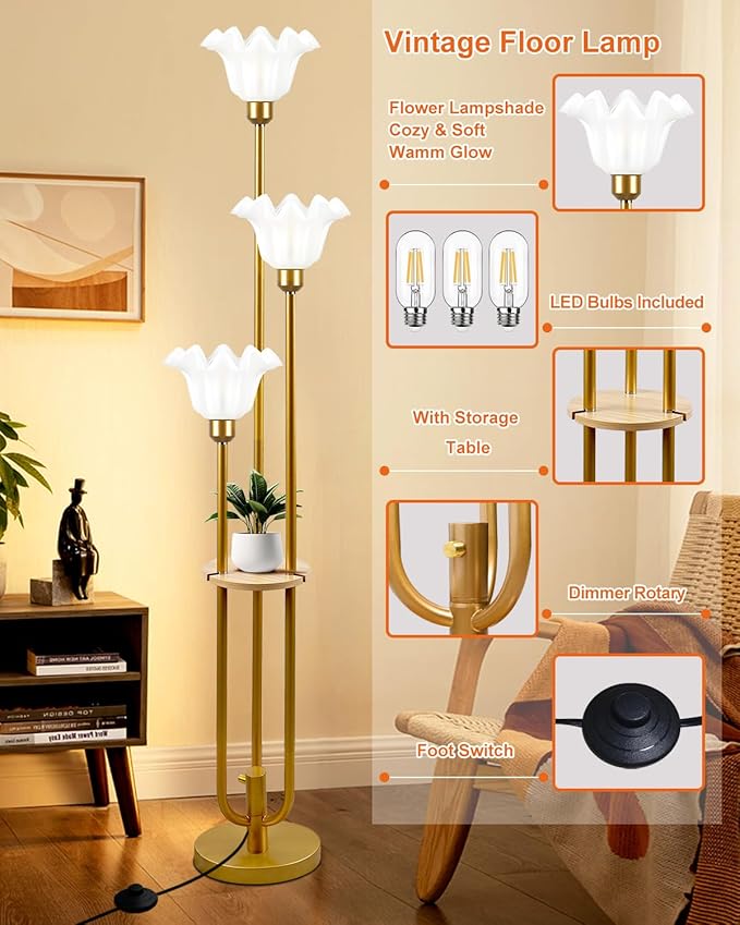 Lightdot Flower Floor Lamp for Living Room, Dimmable Vintage Floor Lamp with Shelf &3 LED Bulbs, 3 Light 3000K Soft Warmwhite Gold Mid Century Standing Lamp, Floral Tall Lamp for Bedroom Office