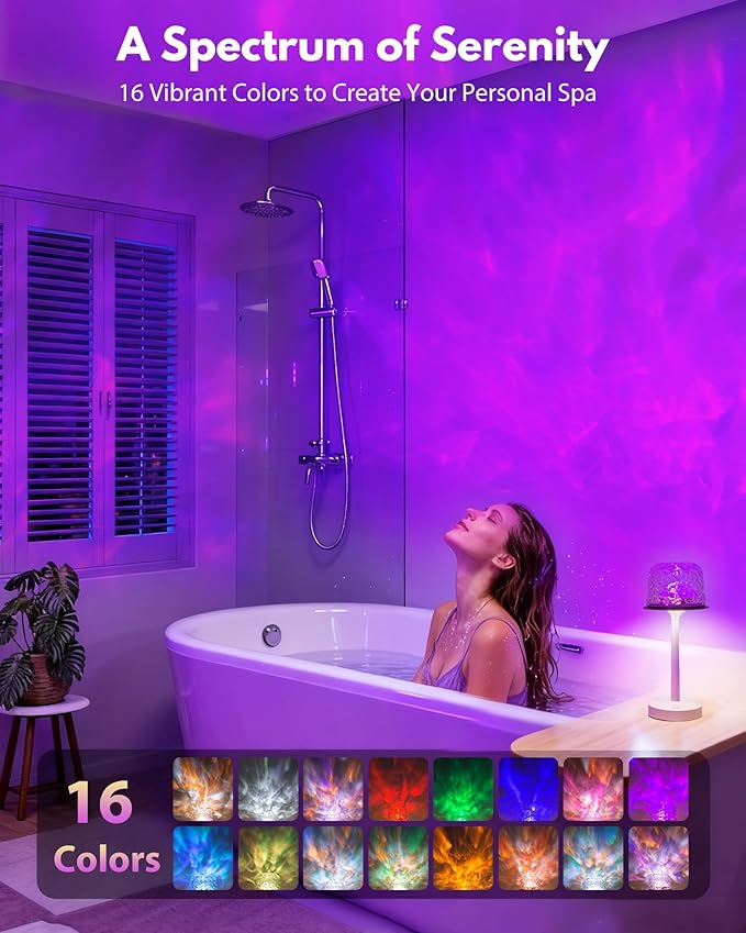 Spa-Like Shower Lamp - Waterproof Bathroom Lamp with 16 Color Ocean Wave Projector, Rechargeable Shower Light with Touch & Remote Control, Cordless Light for Inside Shower/Bathtub